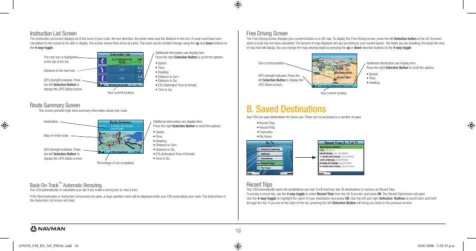 B. saved destinations, Instruction list screen, Route summary screen | Free driving screen, Recent trips, Back-on-track, Automatic rerouting | Navman ICN 330 User Manual | Page 10 / 16