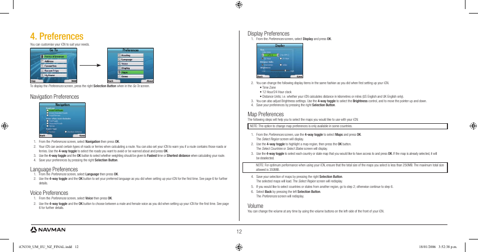 Preferences, Display preferences, Map preferences | Volume, Navigation preferences, Language preferences, Voice preferences | Navman ICN 330 User Manual | Page 12 / 16