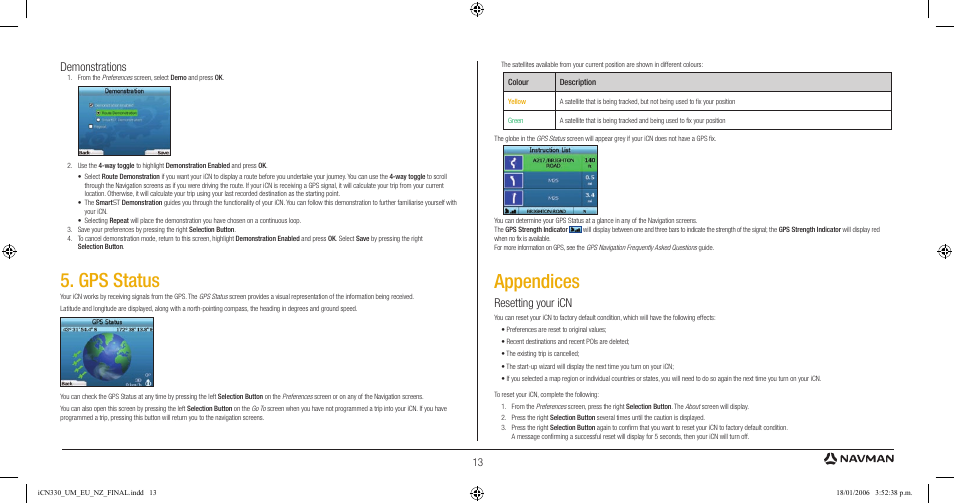 Gps status, Appendices, Demonstrations | Resetting your icn | Navman ICN 330 User Manual | Page 13 / 16