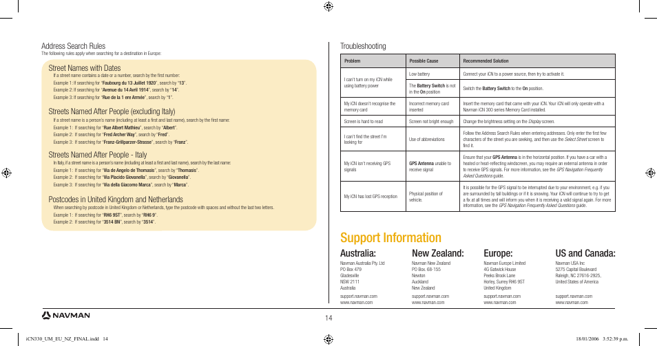 Support information, Australia, New zealand | Europe, Us and canada, Troubleshooting, Address search rules, Street names with dates, Streets named after people (excluding italy), Streets named after people - italy | Navman ICN 330 User Manual | Page 14 / 16