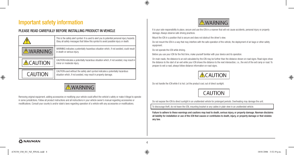 Important safety information | Navman ICN 330 User Manual | Page 4 / 16