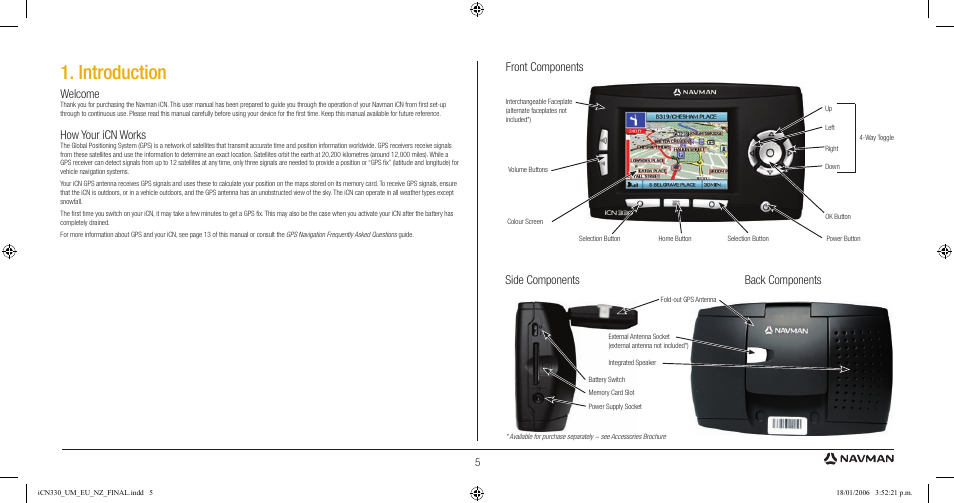 Introduction, Side components back components, Welcome | How your icn works, Front components | Navman ICN 330 User Manual | Page 5 / 16