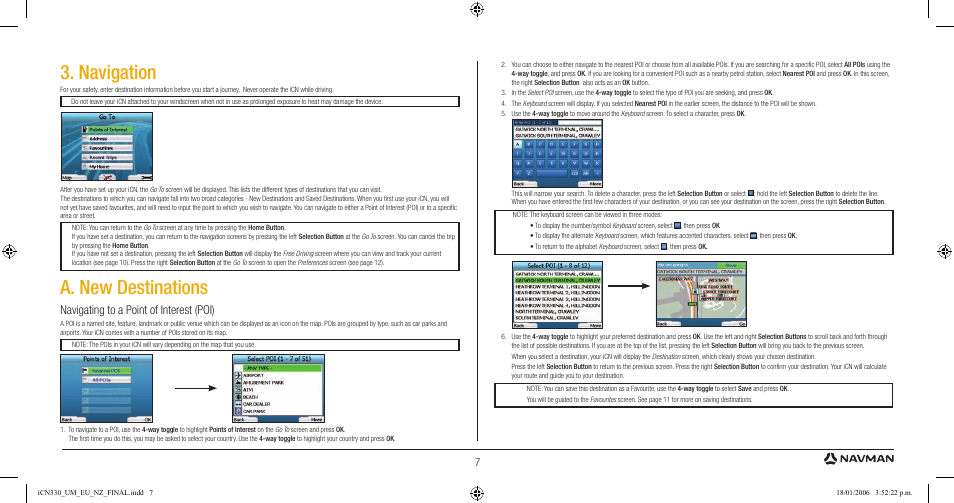 Navigation, A. new destinations, Navigating to a point of interest (poi) | Navman ICN 330 User Manual | Page 7 / 16