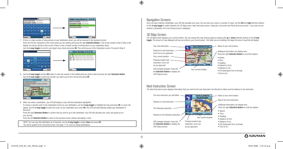 Navigation screens, 3d map screen, Next instruction screen | Navman ICN 330 User Manual | Page 9 / 16