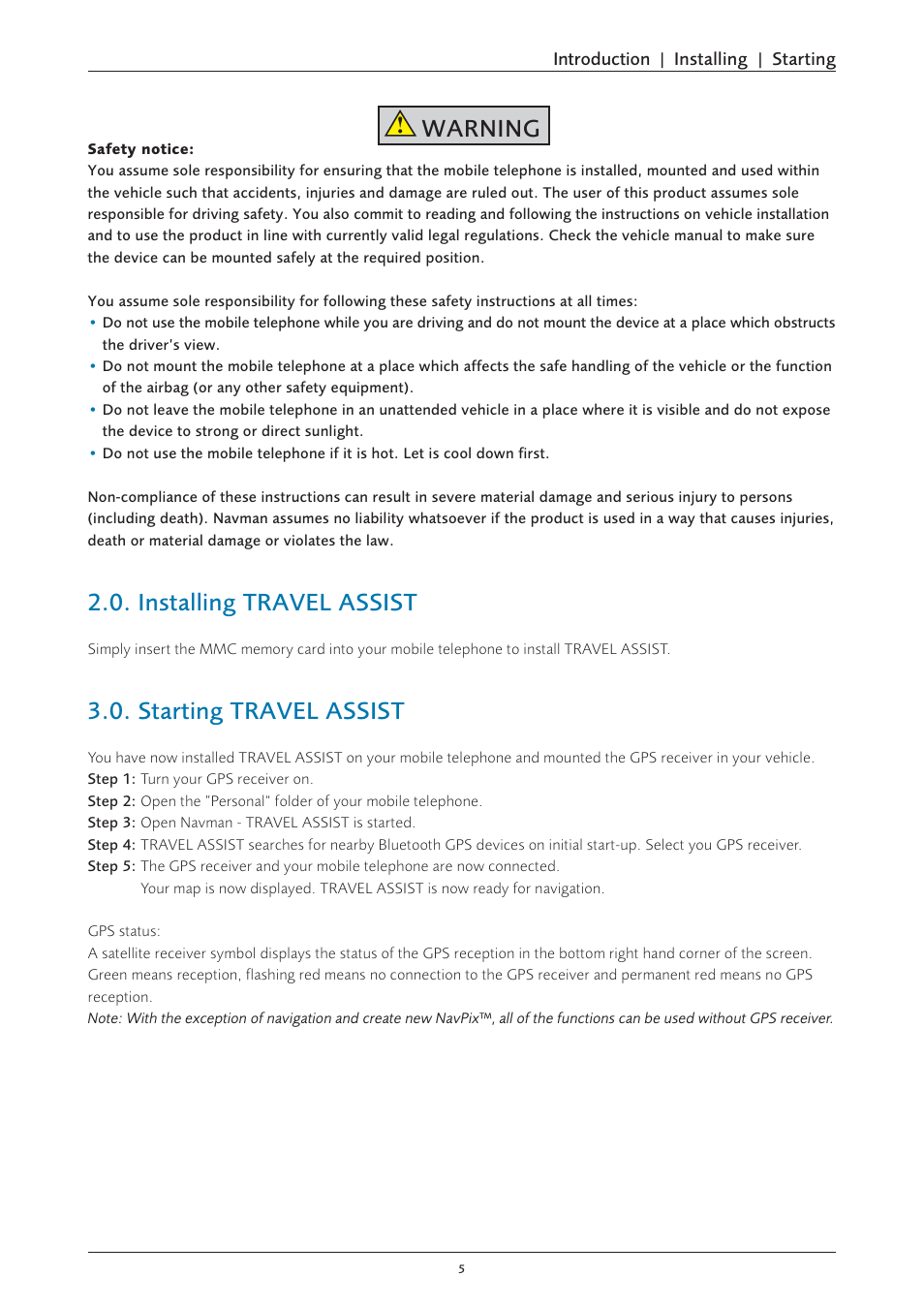 Installing travel assist, Starting travel assist, Warning | Navman S60 User Manual | Page 5 / 15