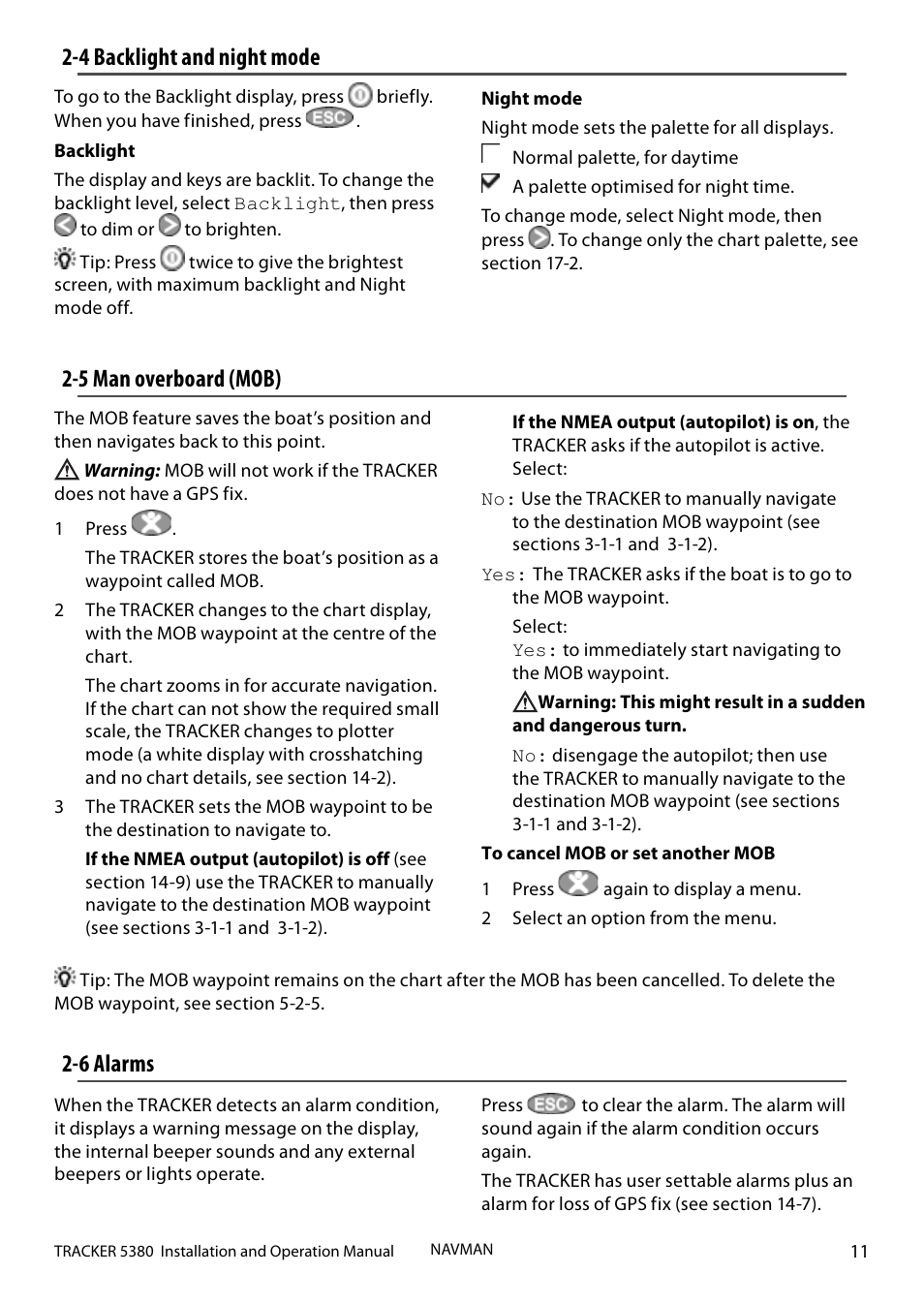 4 backlight and night mode, 5 man overboard (mob), 6 alarms | Navman 5380 User Manual | Page 11 / 64