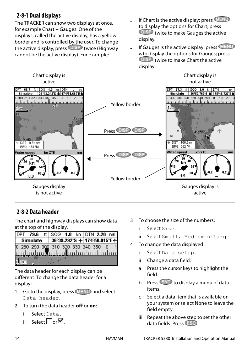 8-1 dual displays, 8-2 data header | Navman 5380 User Manual | Page 14 / 64
