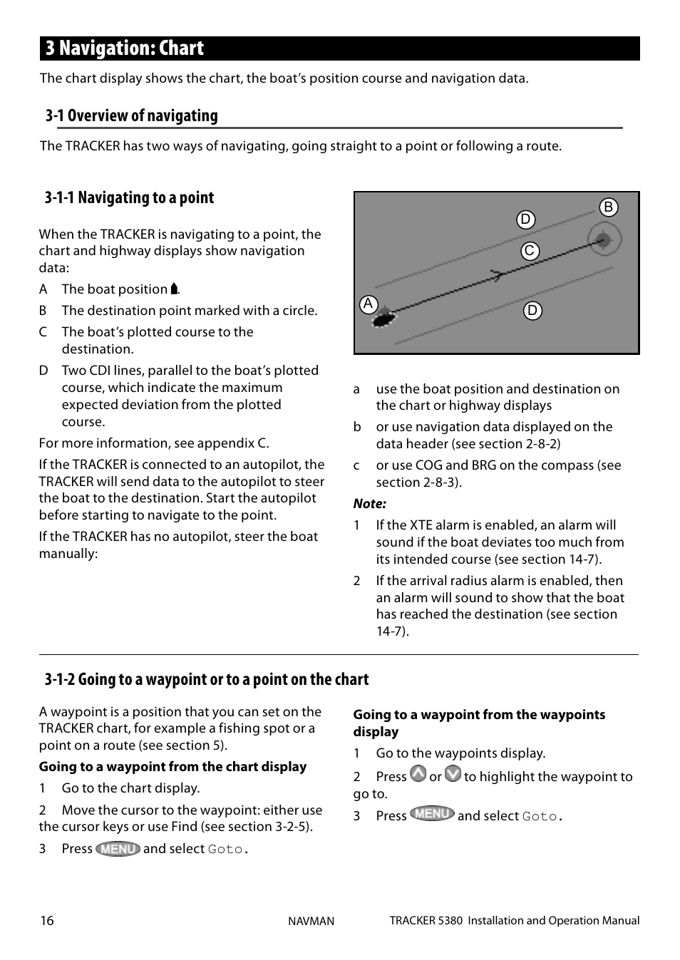 3 navigation: chart, 1-2 going to a waypoint or to a point on the chart, 1-1 navigating to a point | 1 overview of navigating | Navman 5380 User Manual | Page 16 / 64