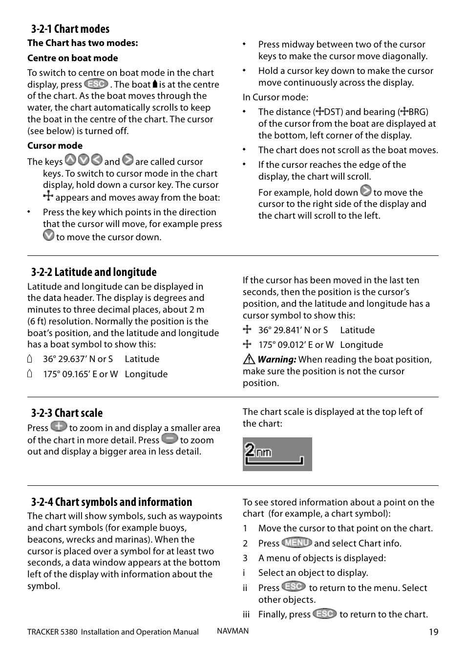 2-2 latitude and longitude, 2-1 chart modes, 2-3 chart scale | 2-4 chart symbols and information | Navman 5380 User Manual | Page 19 / 64