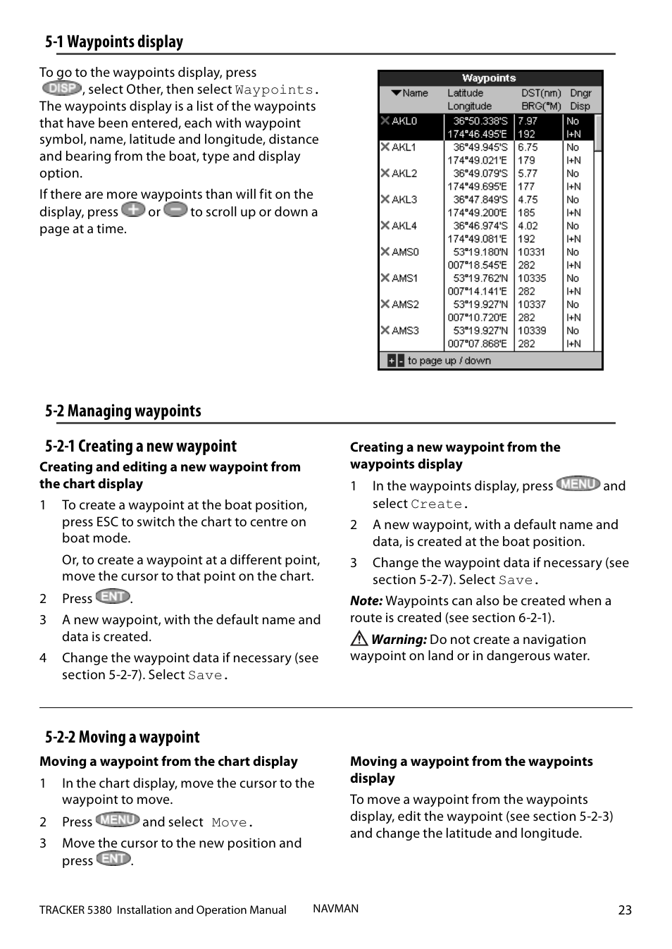 1 waypoints display, 2 managing waypoints 5-2-1 creating a new waypoint, 2-2 moving a waypoint | Navman 5380 User Manual | Page 23 / 64