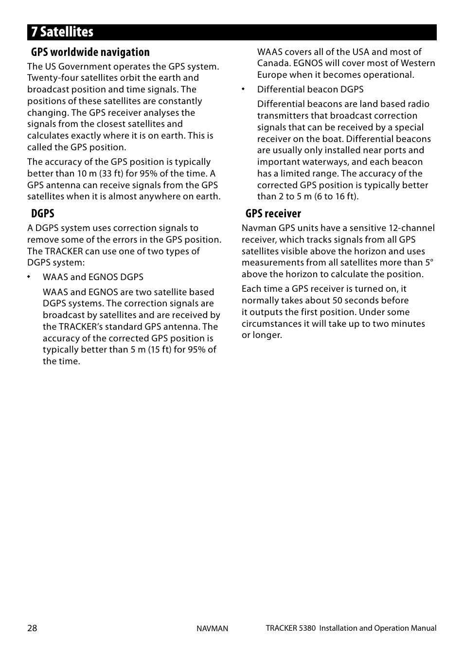 7 satellites, Gps worldwide navigation, Dgps | Gps receiver | Navman 5380 User Manual | Page 28 / 64