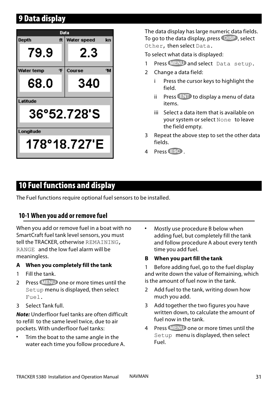 9 data display, 10 fuel functions and display, 1 when you add or remove fuel | Navman 5380 User Manual | Page 31 / 64