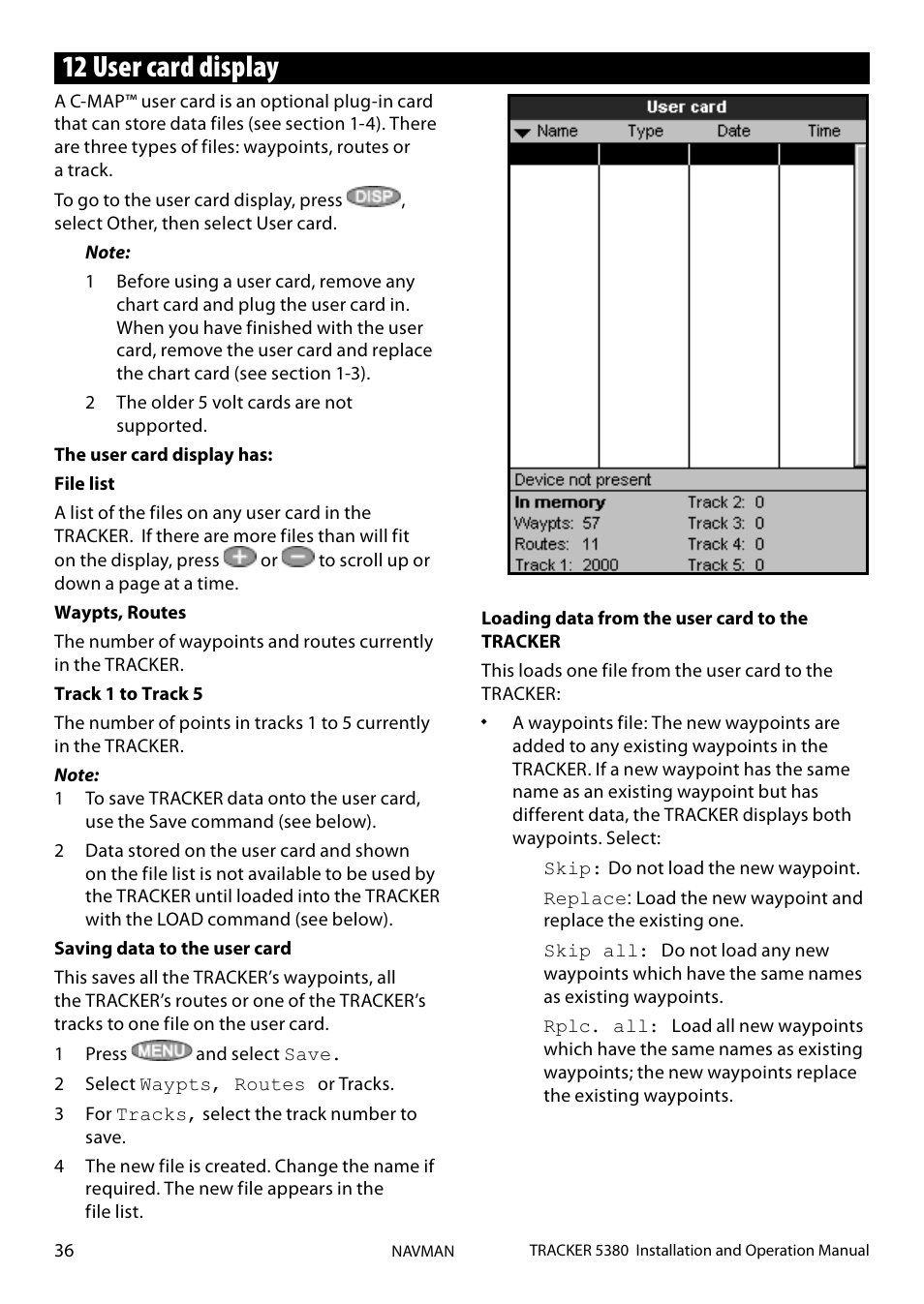 12 user card display | Navman 5380 User Manual | Page 36 / 64