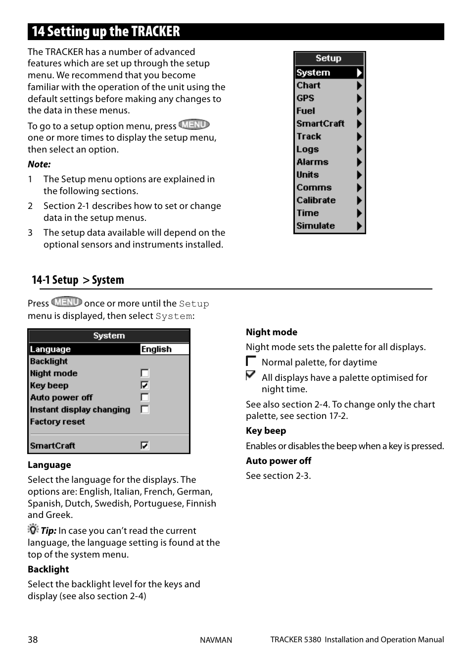 14 setting up the tracker, 1 setup > system | Navman 5380 User Manual | Page 38 / 64