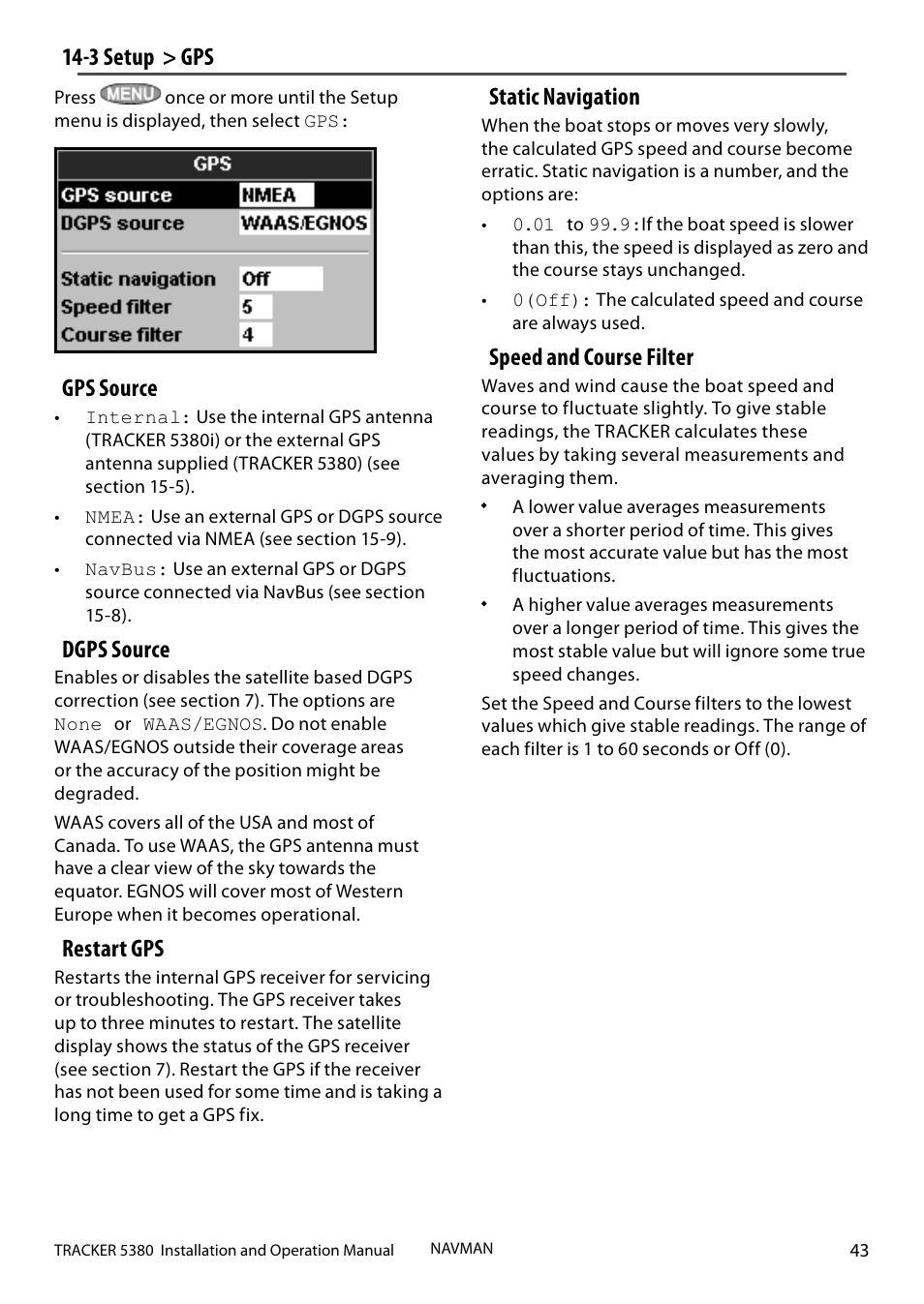 Gps source, Dgps source, Restart gps | 3 setup > gps static navigation, Speed and course filter | Navman 5380 User Manual | Page 43 / 64