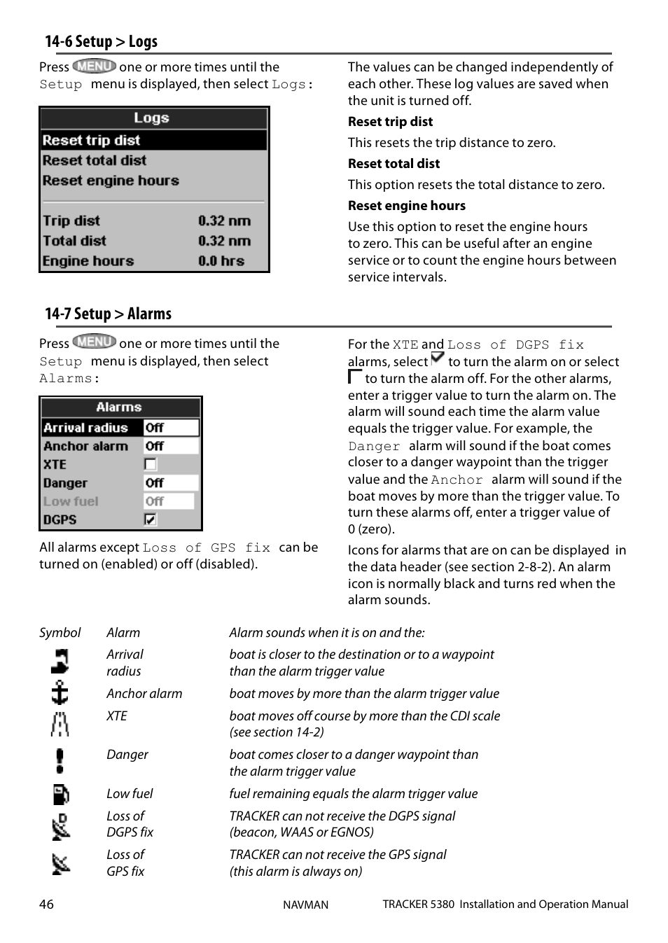 6 setup > logs, 7 setup > alarms | Navman 5380 User Manual | Page 46 / 64