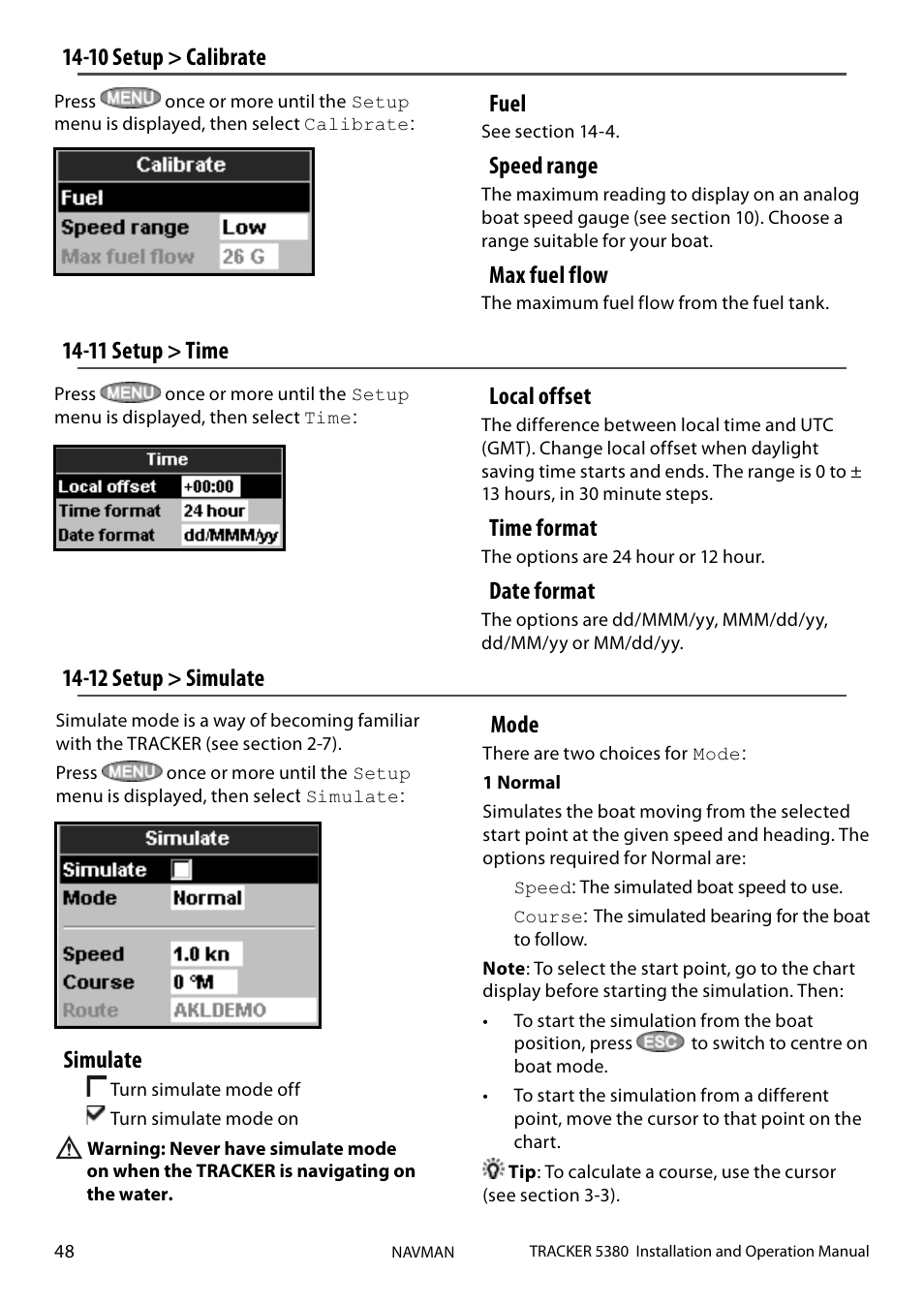 Fuel, Speed range, Max fuel flow | Simulate, Mode, Local offset, Time format, Date format | Navman 5380 User Manual | Page 48 / 64
