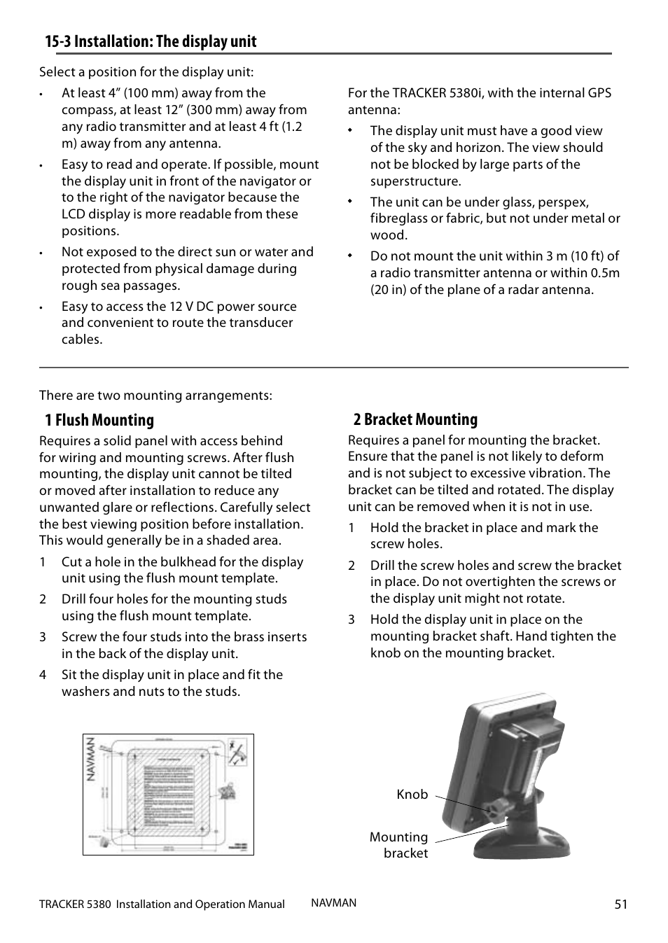 2 bracket mounting, 1 flush mounting, 3 installation: the display unit | Navman 5380 User Manual | Page 51 / 64