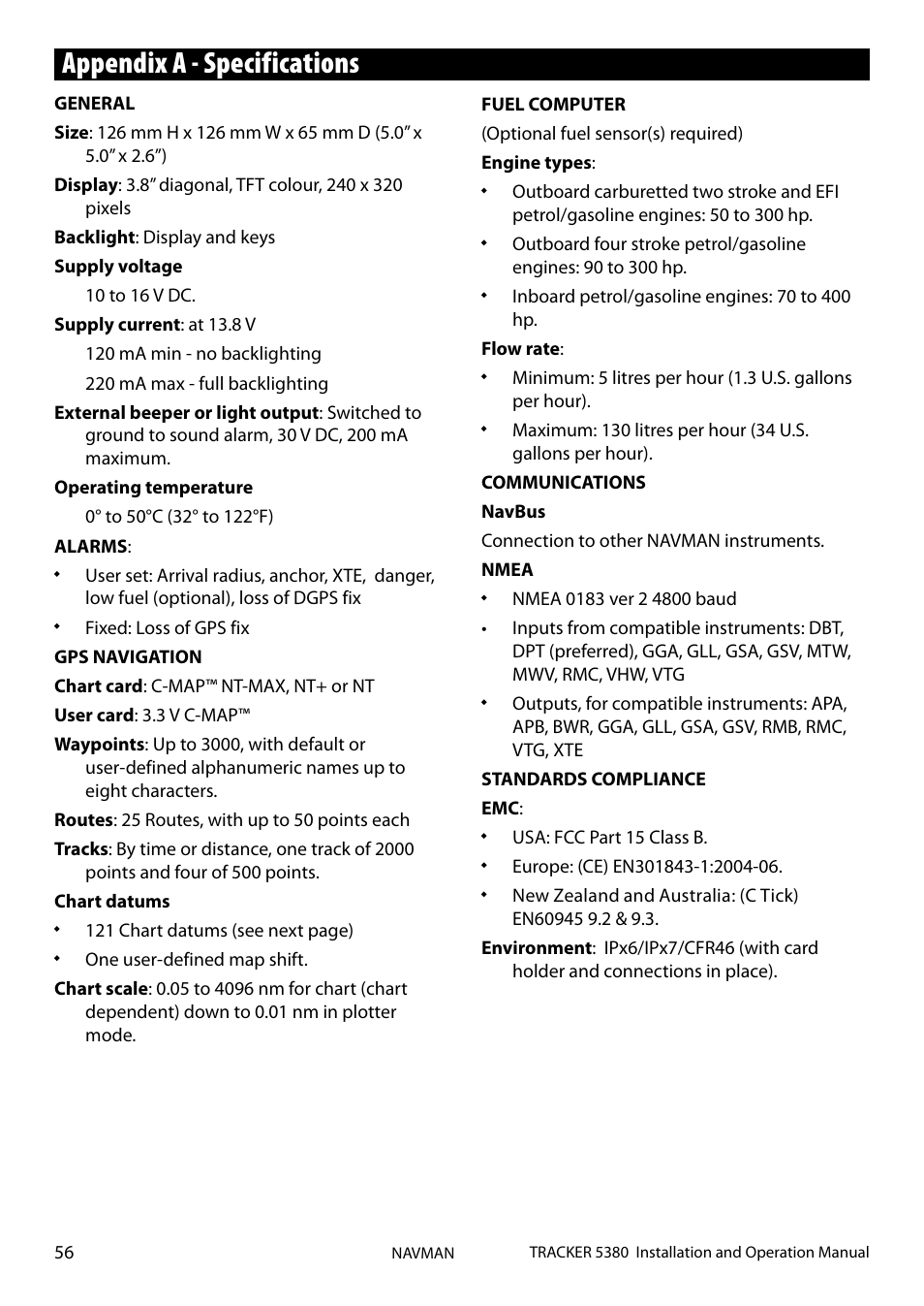 Appendix a - specifications | Navman 5380 User Manual | Page 56 / 64