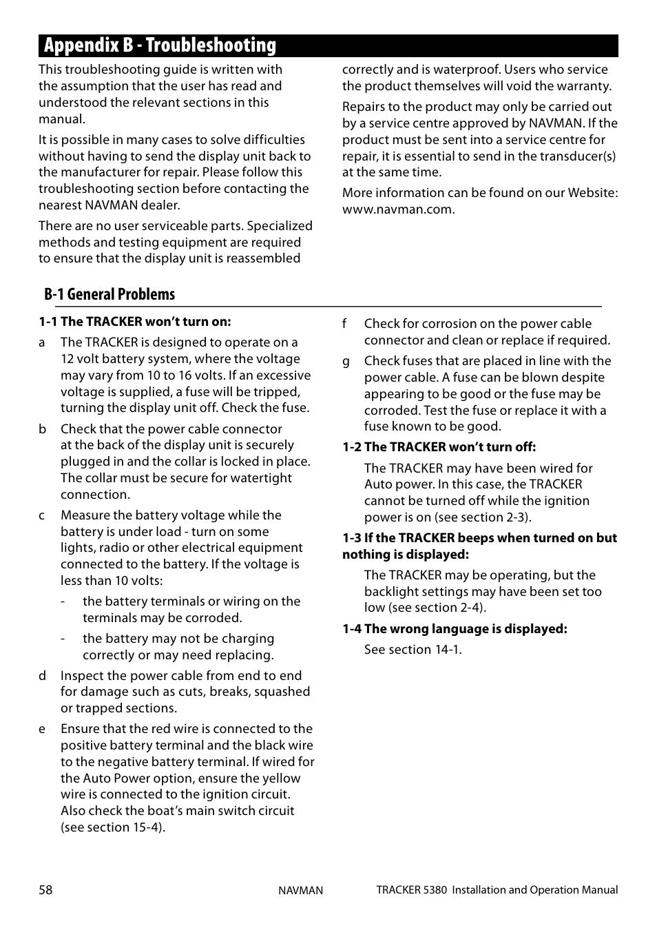 Appendix b - troubleshooting, B-1 general problems | Navman 5380 User Manual | Page 58 / 64