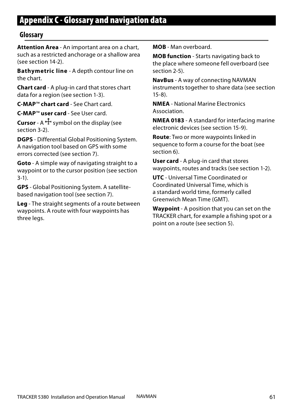 Appendix c - glossary and navigation data, Glossary | Navman 5380 User Manual | Page 61 / 64
