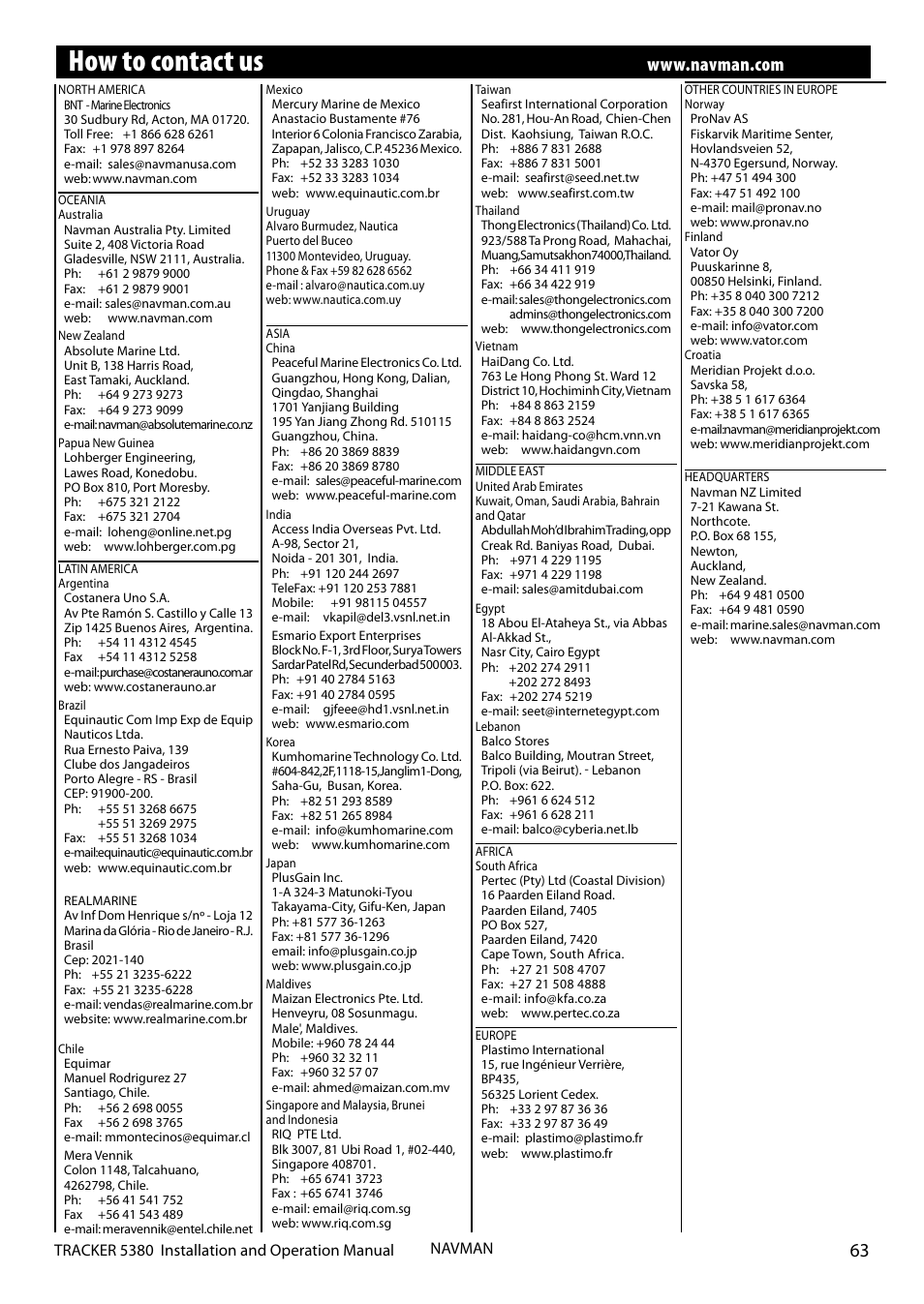How to contact us | Navman 5380 User Manual | Page 63 / 64