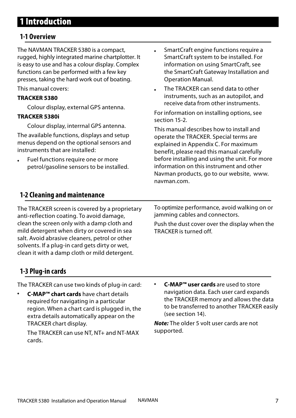 1 introduction, 2 cleaning and maintenance, 1 overview | 3 plug-in cards | Navman 5380 User Manual | Page 7 / 64