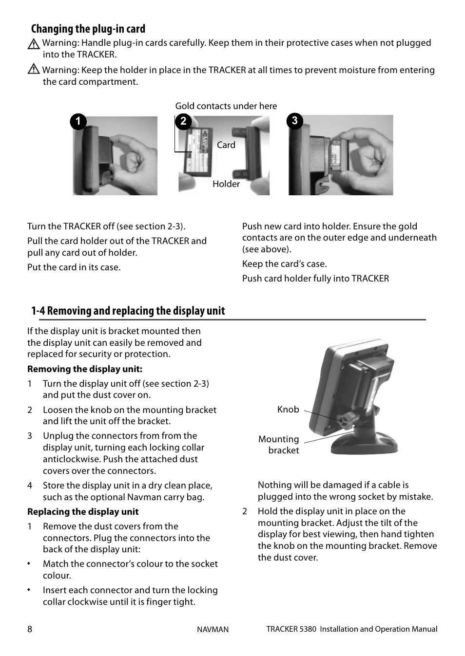 4 removing and replacing the display unit, Changing the plug-in card | Navman 5380 User Manual | Page 8 / 64