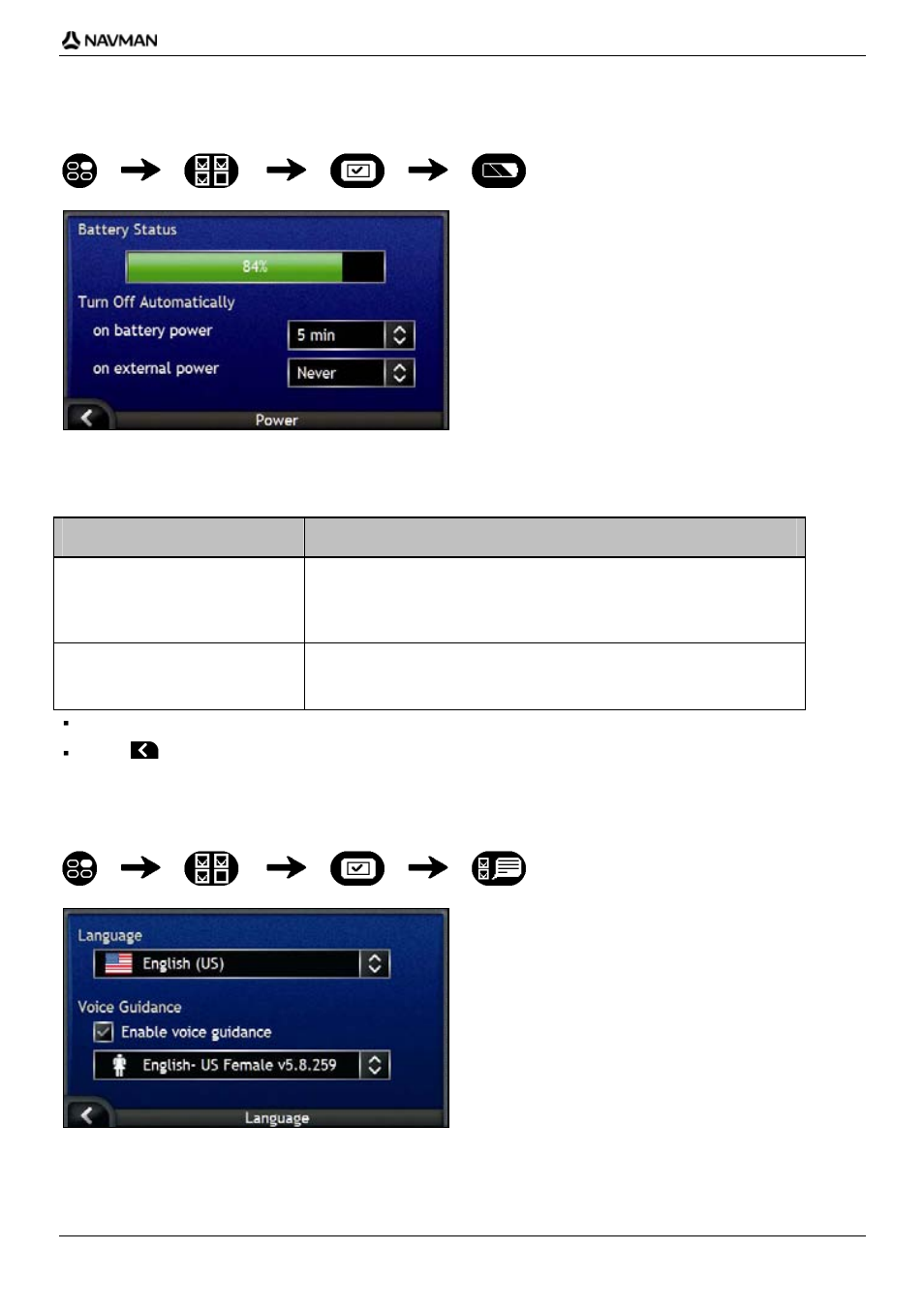 Power, Language | Navman iCN-700 Series User Manual | Page 103 / 128