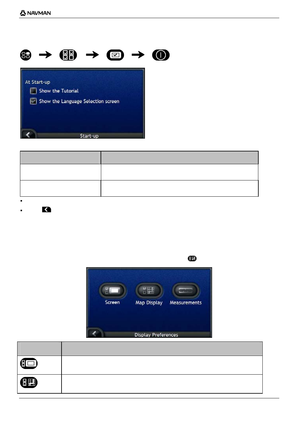 Display preferences, Start-up | Navman iCN-700 Series User Manual | Page 105 / 128