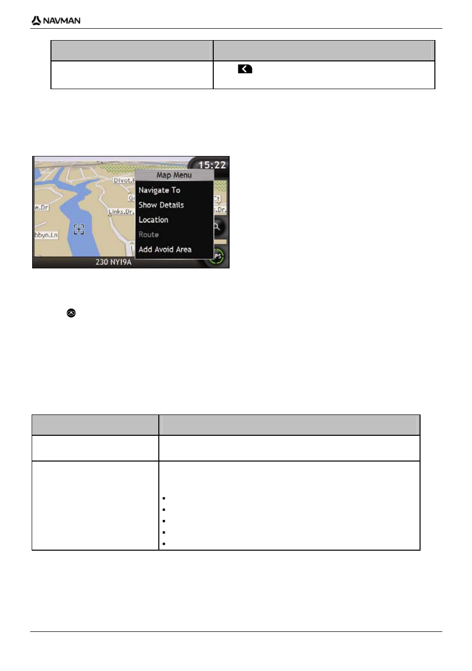 How do i use the map menu, Displaying the map menu, Map menu options | If you want to ... then, Menu option description | Navman iCN-700 Series User Manual | Page 71 / 128