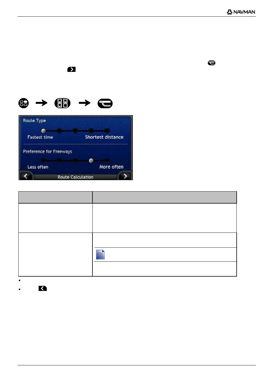 Route preferences, Route calculation, If you want to... then | Navman iCN-700 Series User Manual | Page 98 / 128