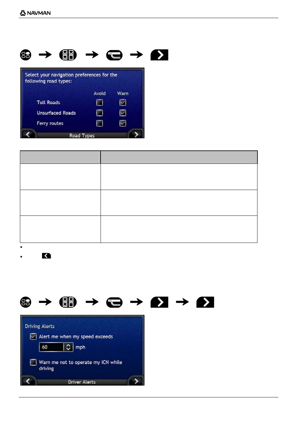 Road types, Driving alerts | Navman iCN-700 Series User Manual | Page 99 / 128
