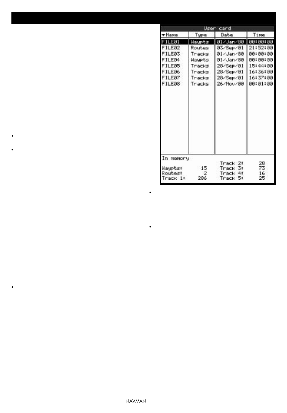 11 user card display, Saving tracker data to the user card, Loading data from the user card to the tracker | Deleting a file from the user card, Reading the file information, Formatting the user card | Navman TRACKER 5100I User Manual | Page 24 / 42