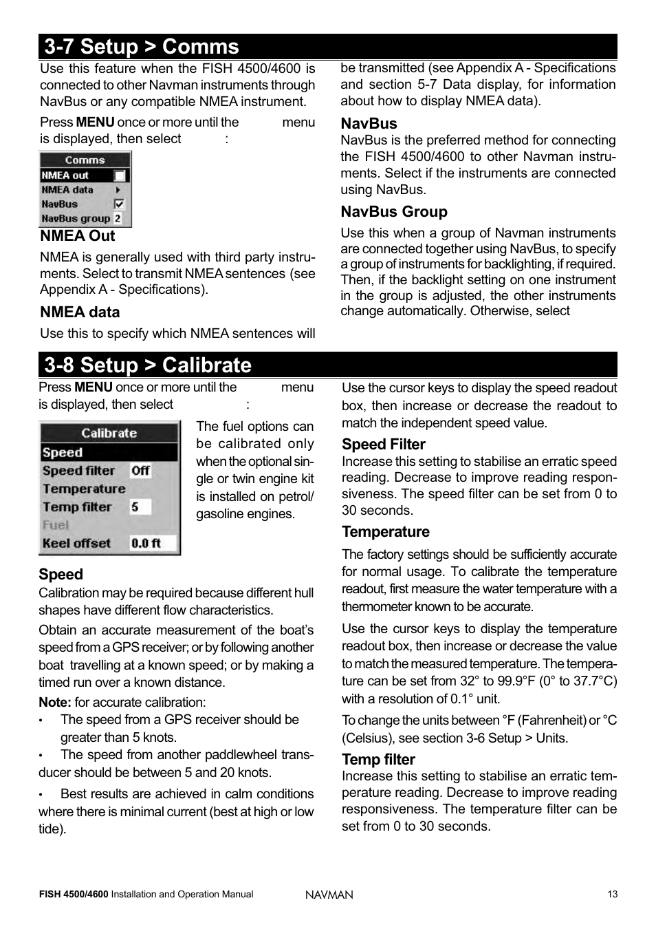 7 setup > comms, 8 setup > calibrate | Navman FISH 4500/4600 User Manual | Page 13 / 36