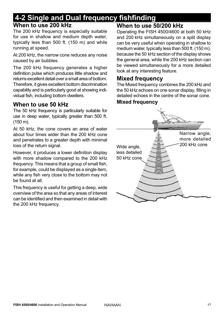 2 single and dual frequency fishfinding, When to use 200 khz, When to use 50 khz | Mixed frequency | Navman FISH 4500/4600 User Manual | Page 17 / 36