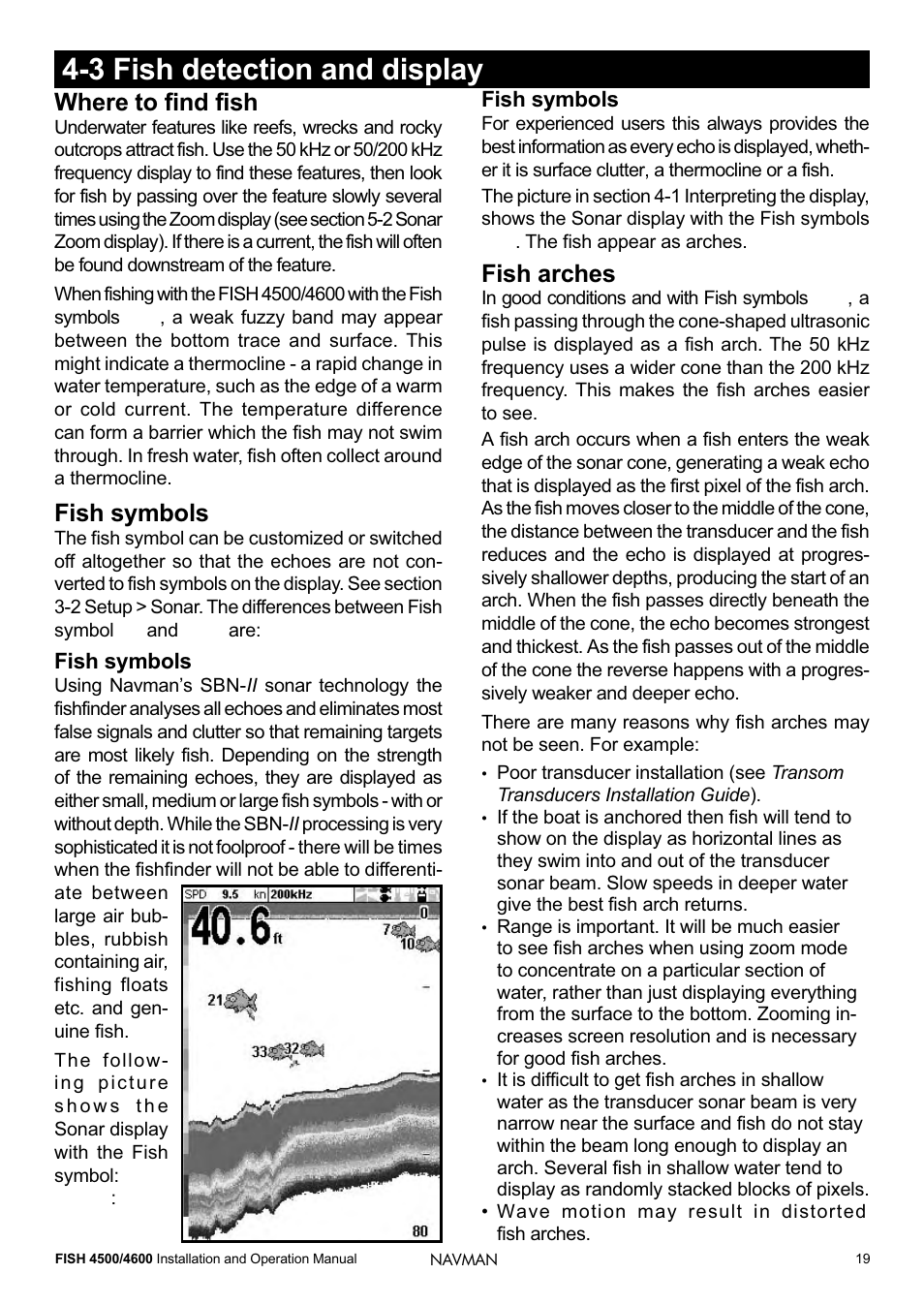 3 fish detection and display, Where to find fish, Fish symbols | Fish arches | Navman FISH 4500/4600 User Manual | Page 19 / 36