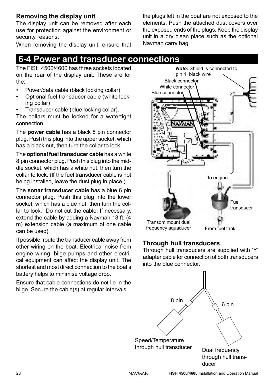 4 power and transducer connections, Removing the display unit, Through hull transducers | Navman FISH 4500/4600 User Manual | Page 28 / 36