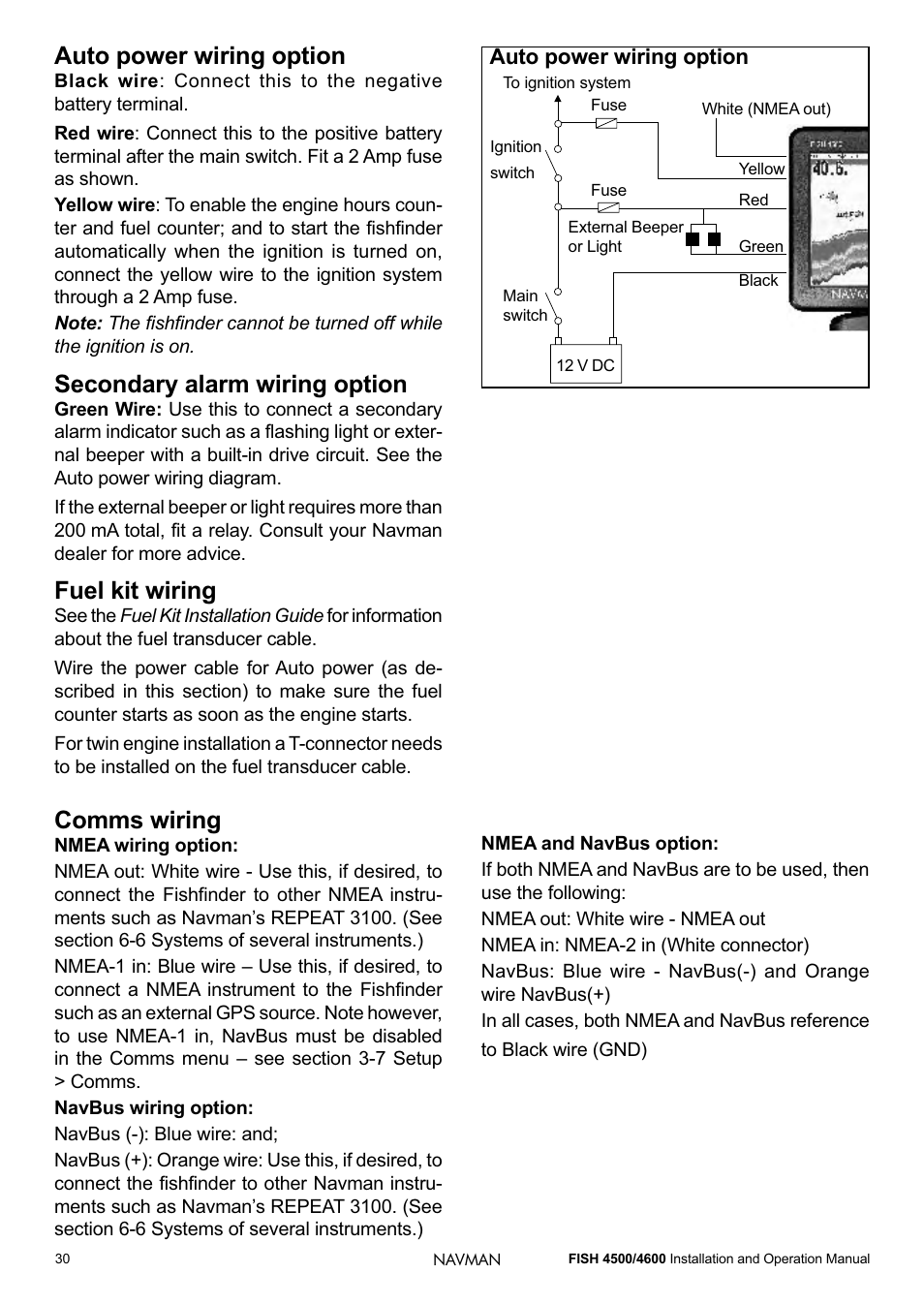 Auto power wiring option, Secondary alarm wiring option, Fuel kit wiring | Comms wiring | Navman FISH 4500/4600 User Manual | Page 30 / 36