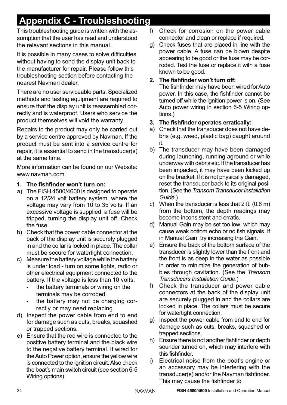 Appendix c - troubleshooting | Navman FISH 4500/4600 User Manual | Page 34 / 36