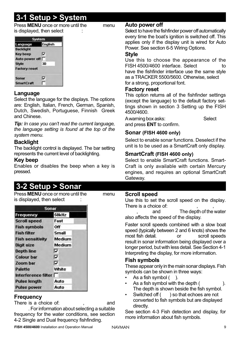 1 setup > system 3-2 setup > sonar | Navman FISH 4500/4600 User Manual | Page 9 / 36