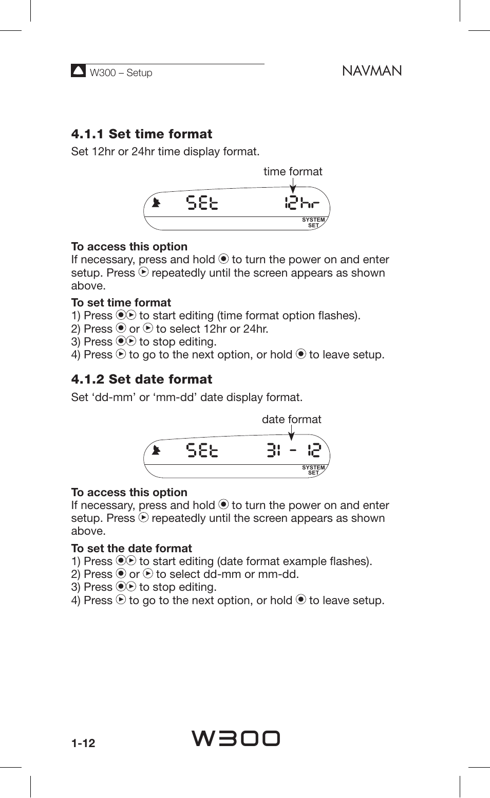 W300, Navman, 1 set time format | 2 set date format | Navman Sport Tool W300 User Manual | Page 12 / 26