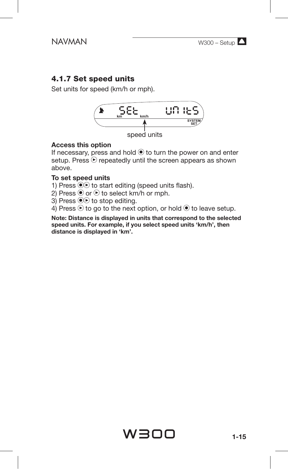 W300, Navman, 7 set speed units | Navman Sport Tool W300 User Manual | Page 15 / 26