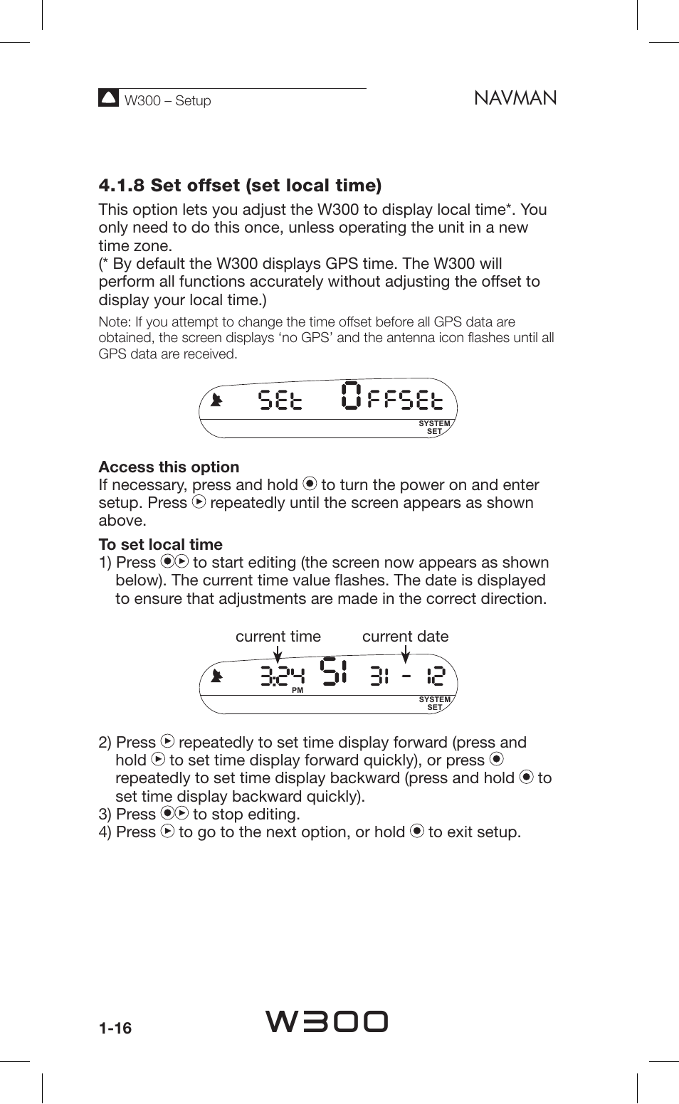 W300, Navman, 8 set offset (set local time) | Navman Sport Tool W300 User Manual | Page 16 / 26