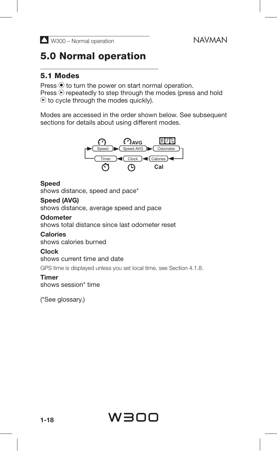 W300, 0 normal operation, Navman | 1 modes | Navman Sport Tool W300 User Manual | Page 18 / 26