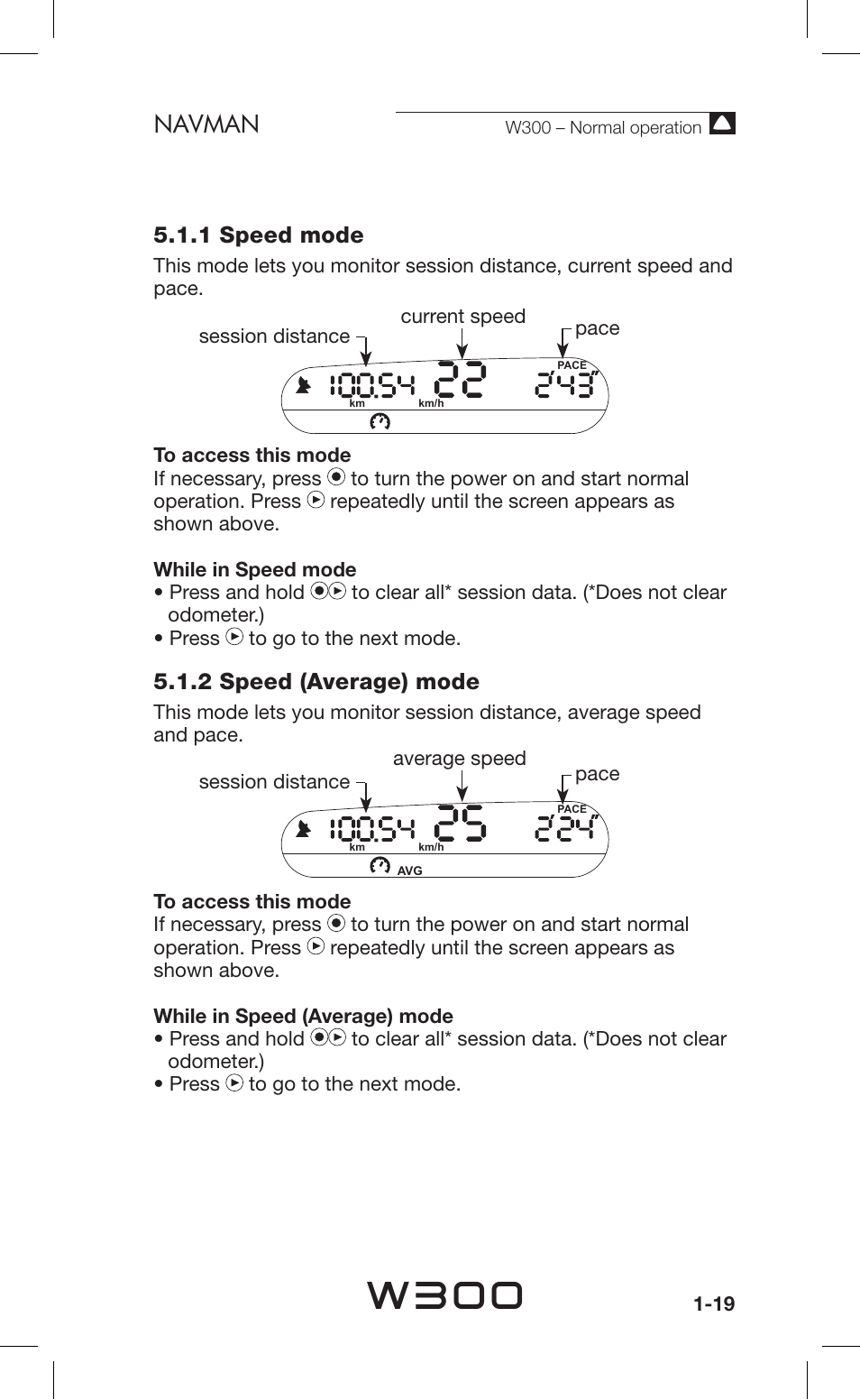 W300, Navman, 1 speed mode | 2 speed (average) mode | Navman Sport Tool W300 User Manual | Page 19 / 26