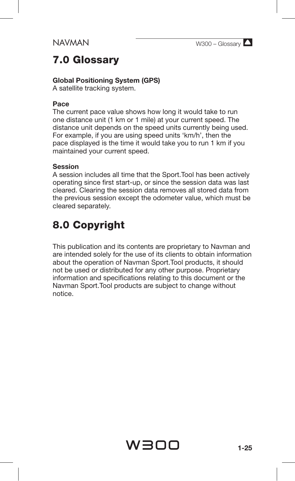 W300, 0 copyright, 0 glossary | Navman | Navman Sport Tool W300 User Manual | Page 25 / 26