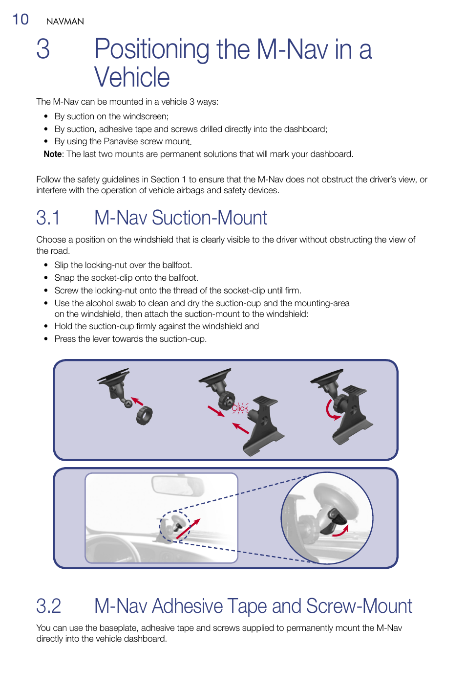 3 positioning the m-nav in a vehicle, M-nav suction-mount, M-nav adhesive tape and screw-mount | 3positioning the m-nav in a vehicle, 1 m-nav suction-mount, 2 m-nav adhesive tape and screw-mount | Navman M-Nav 650 User Manual | Page 10 / 84