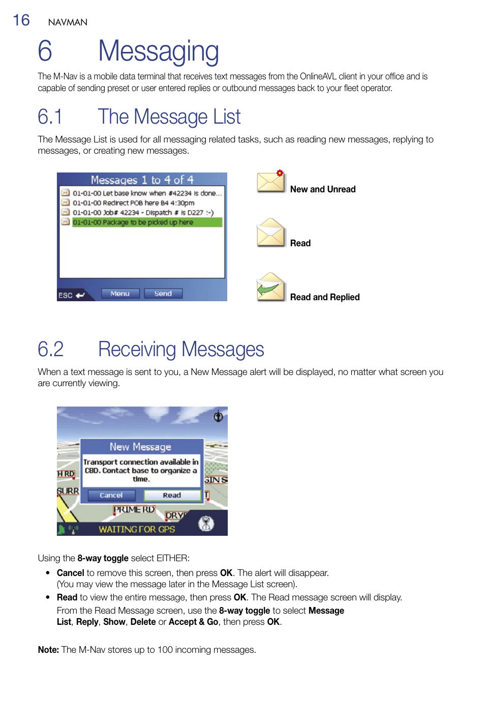 6 messaging, The message list, Receiving messages | 6messaging, 1 the message list, 2 receiving messages | Navman M-Nav 650 User Manual | Page 16 / 84