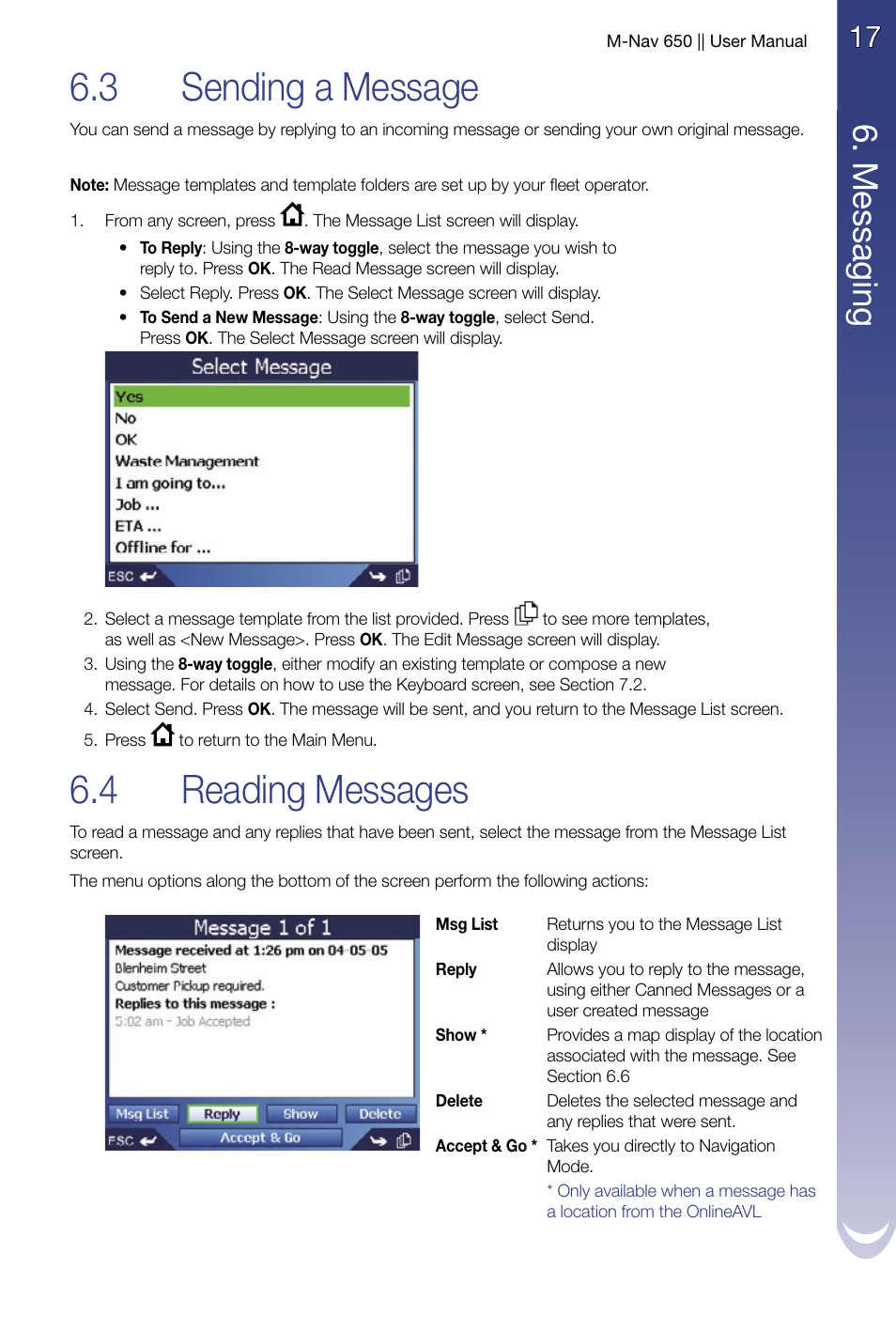 Sending a message, Reading messages, 3 sending a message | 4 reading messages, M es sa gin g | Navman M-Nav 650 User Manual | Page 17 / 84